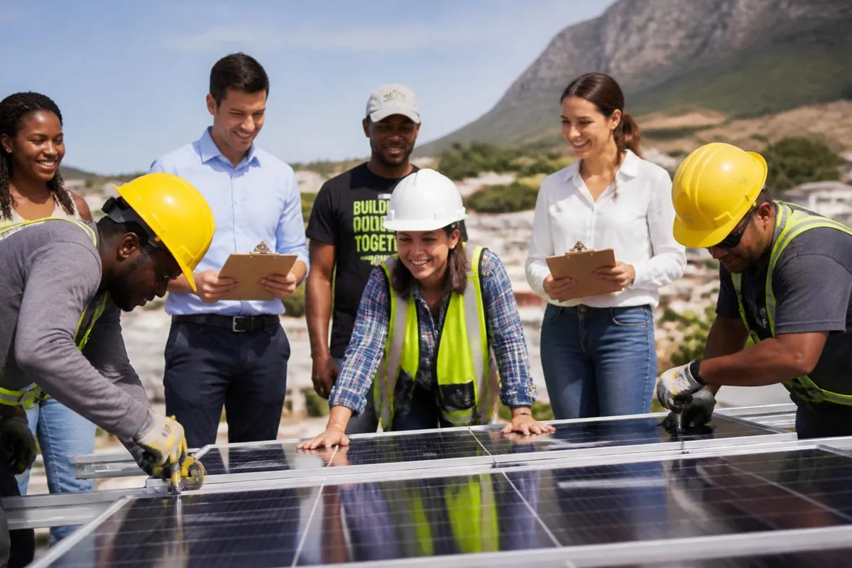 Technical and business professionals collaborating on a solar installation